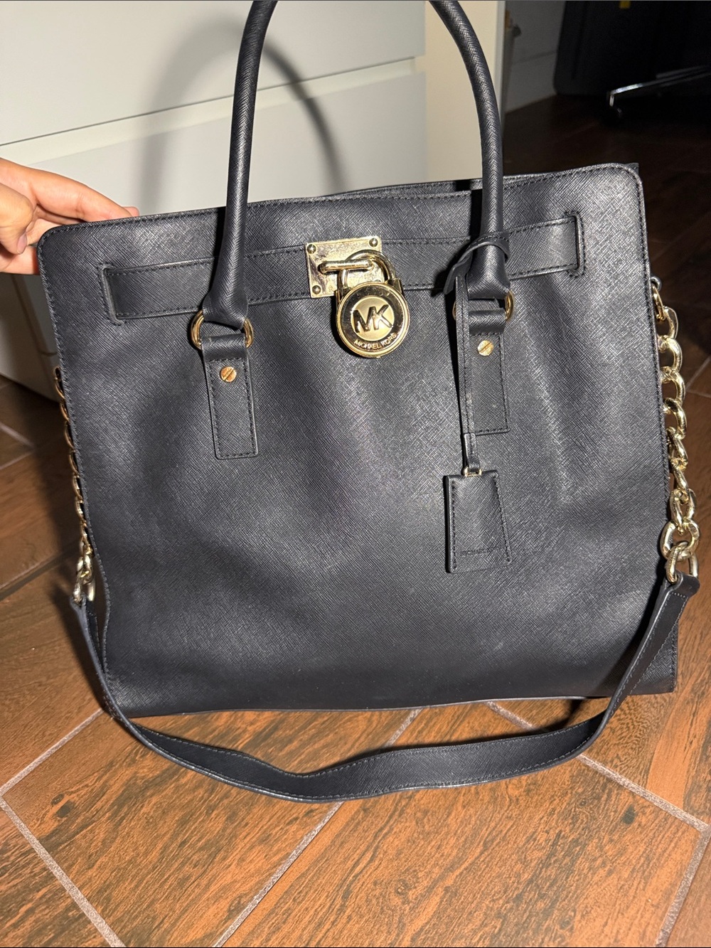 Michael Kors Black Leather Tote with Gold Chain and Logo Charm